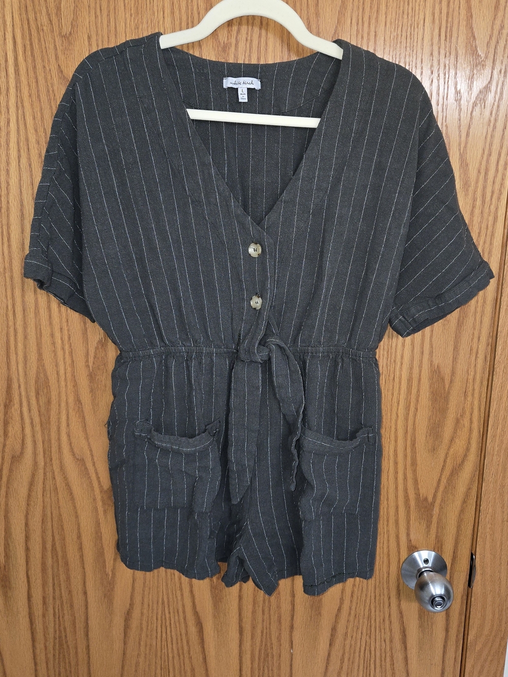 White Birch Size Large Dark Olive Pinstripe V-Neck Romper